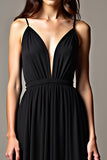 A Line Deep V-Neck Chiffon Black Dress