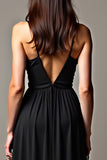 A Line Deep V-Neck Chiffon Black Dress