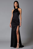 Simple Black Sheath Halter Long Formal Dress with Slit