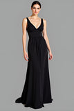 A Line V-Neck Ruched Jersey Long Little Black Dress with Open Back