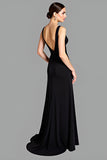 A Line V-Neck Ruched Jersey Long Little Black Dress with Open Back