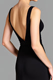 Jersey V-Neck Open Back Long Little Black Dress