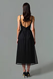 Deep V-Neck A-Line Chiffon Tea Length Little Black Dress with Open Back