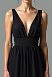 Deep V-Neck A-Line Chiffon Tea Length Little Black Dress with Open Back