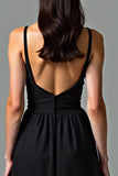 Deep V-Neck A-Line Chiffon Tea Length Little Black Dress with Open Back