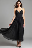 Spaghetti Straps A-Line Ankle Length Little Black Dress with Open Back