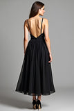 Spaghetti Straps A-Line Ankle Length Little Black Dress with Open Back