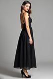 Spaghetti Straps A-Line Ankle Length Little Black Dress with Open Back