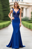 Royal Blue Appliqued Mermaid V-Neck Mother Of  Bride Dress