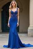 Royal Blue Appliques Spaghetti Straps Sheath Formal Dress