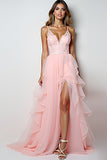 Blush Pink A Line Spaghetti Straps Long Prom Dress With Ruffles