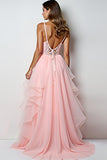 Blush Pink A Line Spaghetti Straps Long Prom Dress With Ruffles