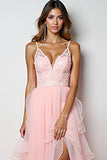 Blush Pink A Line Spaghetti Straps Long Prom Dress With Ruffles