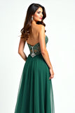 Sparkly Dark Green A Line Sequin Sweetheart Long Prom Dress With Slit