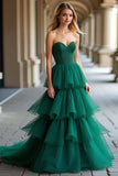 Sparkly Dark Green Strapless Ruffles Tulle Ball Gown Formal Dress with Sequins