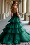 Sparkly Dark Green Strapless Ruffles Tulle Ball Gown Formal Dress with Sequins