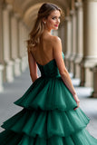 Sparkly Dark Green Strapless Ruffles Tulle Ball Gown Formal Dress with Sequins