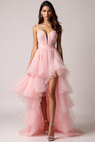 Blush Pink A-Line Spaghetti Straps Ruffles Pleated Tulle High-Low Formal Dress