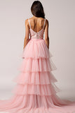 Blush Pink A-Line Spaghetti Straps Ruffles Pleated Tulle High-Low Formal Dress