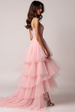 Blush Pink A-Line Spaghetti Straps Ruffles Pleated Tulle High-Low Formal Dress