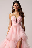 Blush Pink A-Line Spaghetti Straps Ruffles Pleated Tulle High-Low Formal Dress