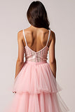 Blush Pink A-Line Spaghetti Straps Ruffles Pleated Tulle High-Low Formal Dress