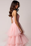 Blush Pink A-Line Spaghetti Straps Ruffles Pleated Tulle High-Low Formal Dress