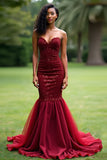 Sparkly Burgundy Mermaid Sweetheart Long Formal Dress with Sequins