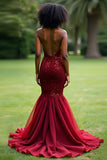 Sparkly Burgundy Mermaid Sweetheart Long Formal Dress with Sequins