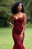 Sparkly Burgundy Mermaid Sweetheart Long Formal Dress with Sequins