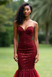 Sparkly Burgundy Mermaid Sweetheart Long Formal Dress with Sequins