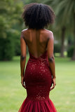 Sparkly Burgundy Mermaid Sweetheart Long Formal Dress with Sequins