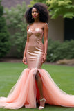 Blush Pink Mermaid Strapless Sequins Long Formal Dress with Slit