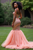 Blush Pink Mermaid Strapless Sequins Long Formal Dress with Slit