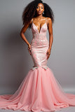 Blush Pink Mermaid Spaghetti Straps Tulle Long Formal Dress with Appliques