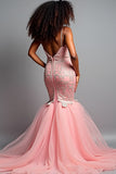 Blush Pink Mermaid Spaghetti Straps Tulle Long Formal Dress with Appliques