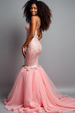 Blush Pink Mermaid Spaghetti Straps Tulle Long Formal Dress with Appliques