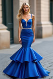 Royal Blue Mermaid Spaghetti Straps Ruffles Satin Long Formal Dress with Beading