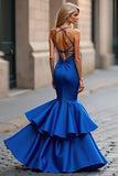 Royal Blue Mermaid Spaghetti Straps Ruffles Satin Long Formal Dress with Beading