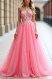 Pink Deep V Neck Tulle Formal Dress with Appliques