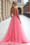 Pink Deep V Neck Tulle Formal Dress with Appliques