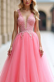 Pink Deep V Neck Tulle Formal Dress with Appliques