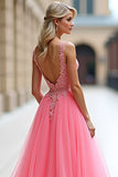 Pink Deep V Neck Tulle Formal Dress with Appliques