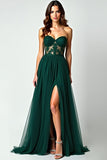 Dark Green A Line Strapless Lace Slit Long Prom Dress