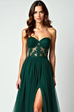 Dark Green A Line Strapless Lace Slit Long Prom Dress