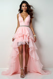 Blush Pink A-Line Deep V Neck Ruffles Hi-Low Formal Dress