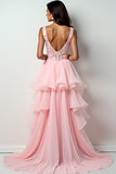 Blush Pink A-Line Deep V Neck Ruffles Hi-Low Formal Dress