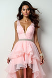 Blush Pink A-Line Deep V Neck Ruffles Hi-Low Formal Dress