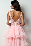 Blush Pink A-Line Deep V Neck Ruffles Hi-Low Formal Dress