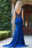 Royal Blue Sheath V Neck Lace Beaded Long Prom Dress With Slit